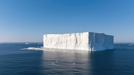 Majestic iceberg floats in arctic ocean, sunny day, background ocean and ice floes, climate change imagery