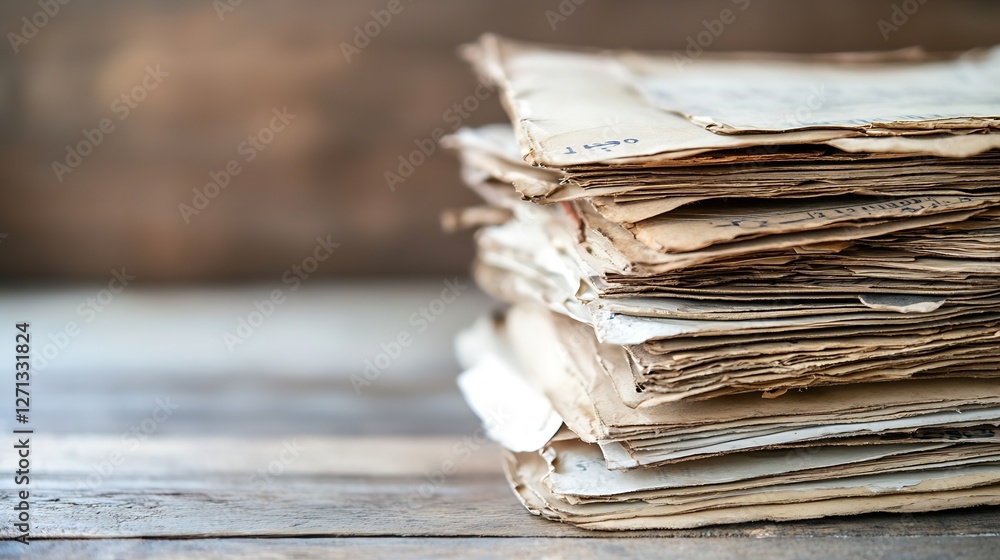 Aufkleber stack of old weathered papers with faded pages and wooden background : generative ai