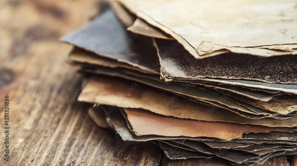 Poster Collection of Various Sheets of Vintage Leather Texture Piled on a Wooden Surface : Generative AI