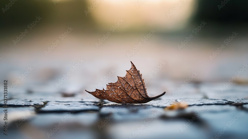 Aufkleber single brown autumn leaf resting on cobblestone pavement with blurred background depth : generative 