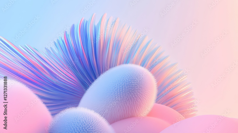 Poster pastel abstract composition with feather-like textures and soft fluffy elements
