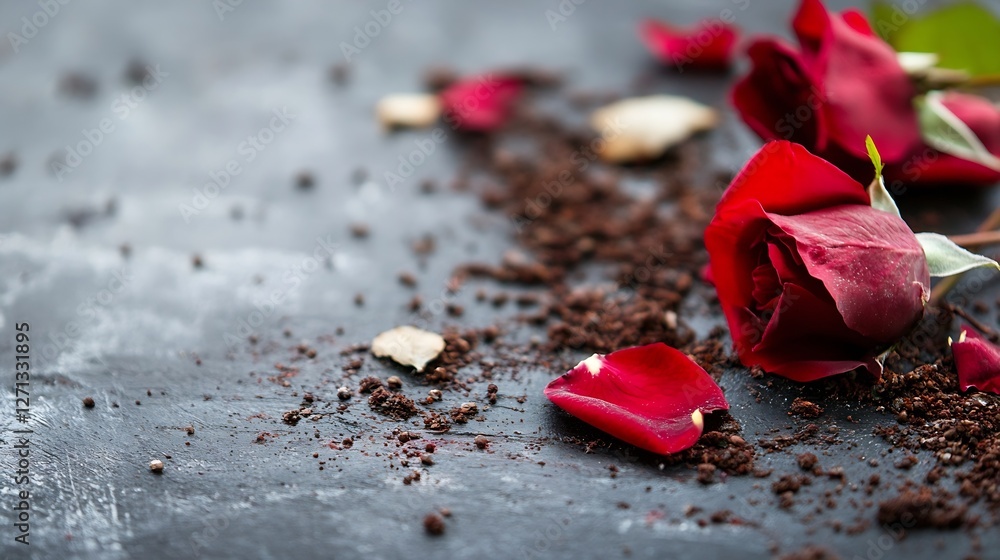 Poster scattered red rose petals and dark cocoa powder create a romantic and artistic arrangement : generat