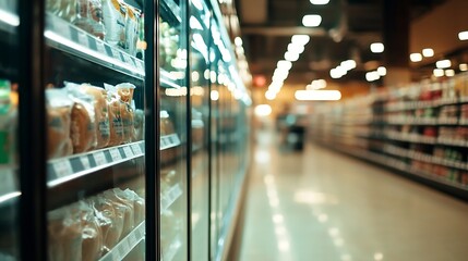 Busy Supermarket Aisle with Refrigerated Shelves Displaying a Variety of Packaged Goods : Generative AI