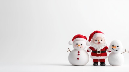 Santa and snowmen on white background, holiday greeting card