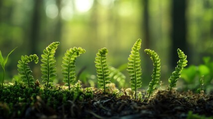 07231249 615. Close-up view of fern sprouts with detailed textures, set in a spring woodland environment, featuring natural green colors and ample space for adding text or graphic elements