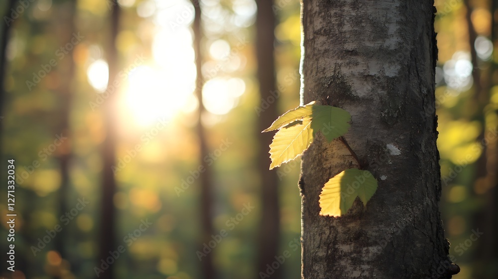 Poster sunlight filtering through trees onto the green leaves of a tree trunk in a forest : generative ai