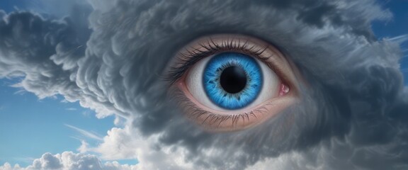 Eye of the hurricane visible against a bright blue sky, ocean, natural phenomenon