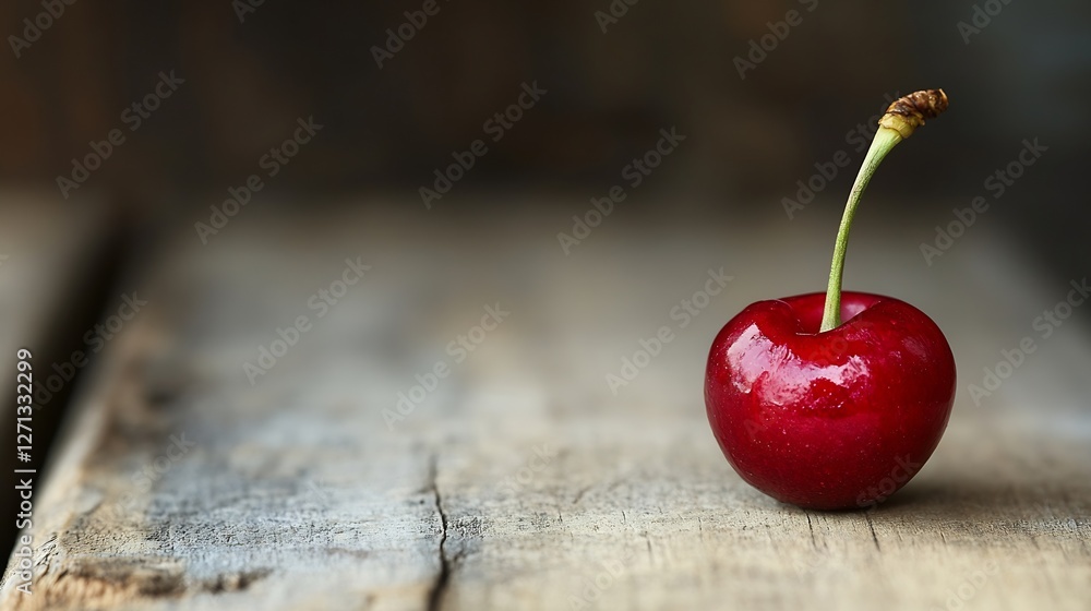 Aufkleber a single vibrant red cherry with a green stem on a rustic wooden background showcasing freshness : g