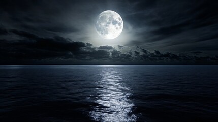 Radiant Full Moon Illuminating Dark Clouds Over a Calm Reflective Ocean : Generative AI
