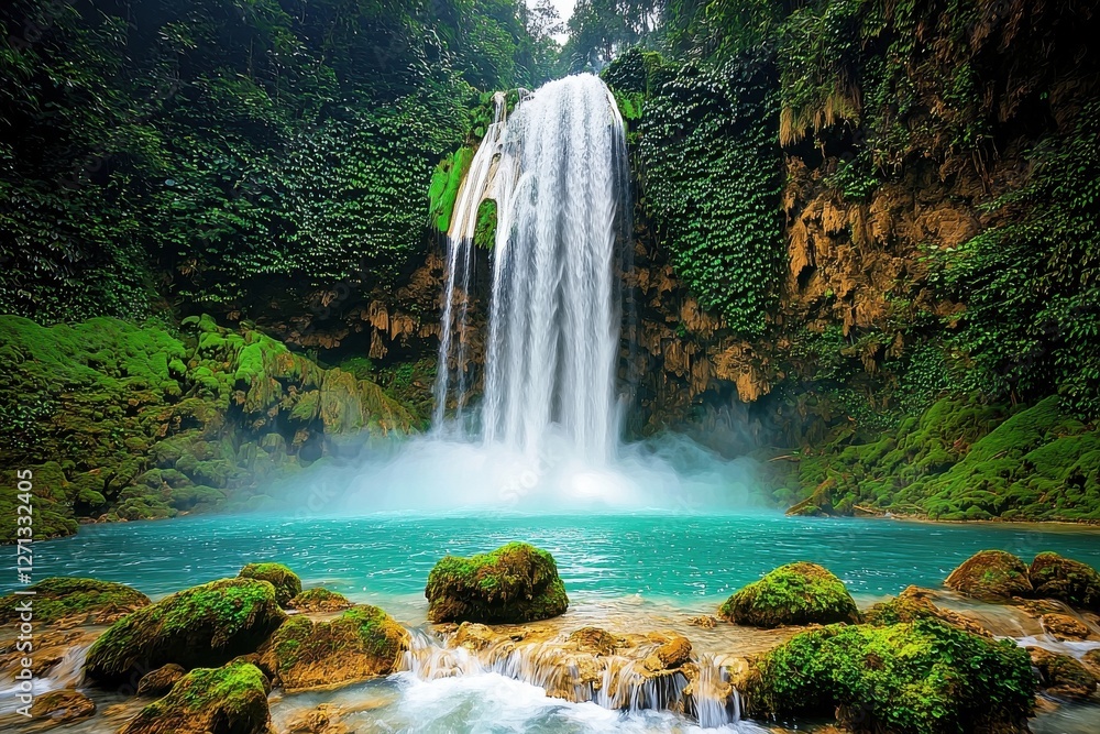 Poster a mesmerizing waterfall cascading into a turquoise pool surrounded by vibrant greenery, creating a s