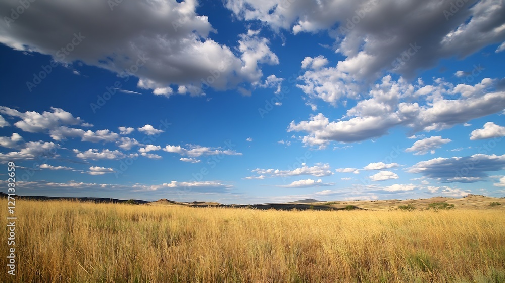 Poster vast field of golden grass under a vibrant blue sky with fluffy clouds scattered : generative ai
