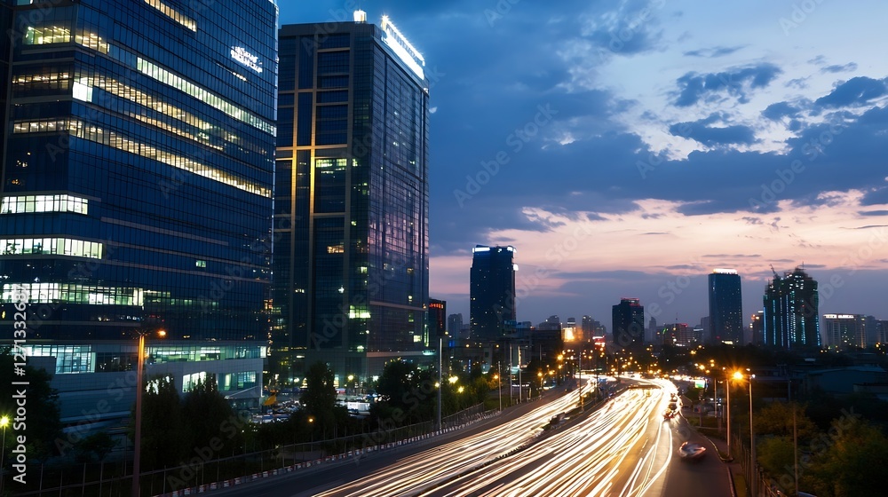 Poster dynamic cityscape illuminated at dusk showcasing modern skyscrapers with moving traffic symbolizing 