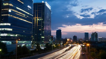 Obraz premium Dynamic cityscape illuminated at dusk showcasing modern skyscrapers with moving traffic symbolizing urban life and development : Generative AI