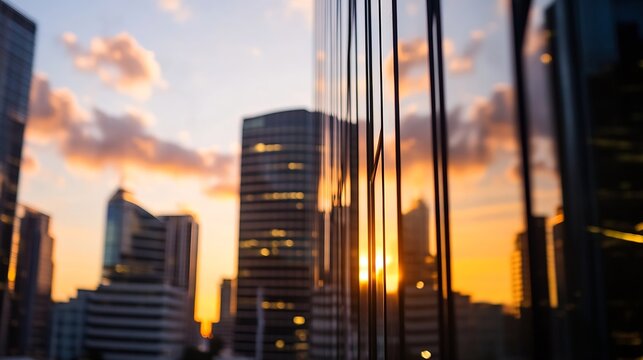 Stunning cityscape reflecting golden sunset hues in sleek modern glass buildings : Generative AI