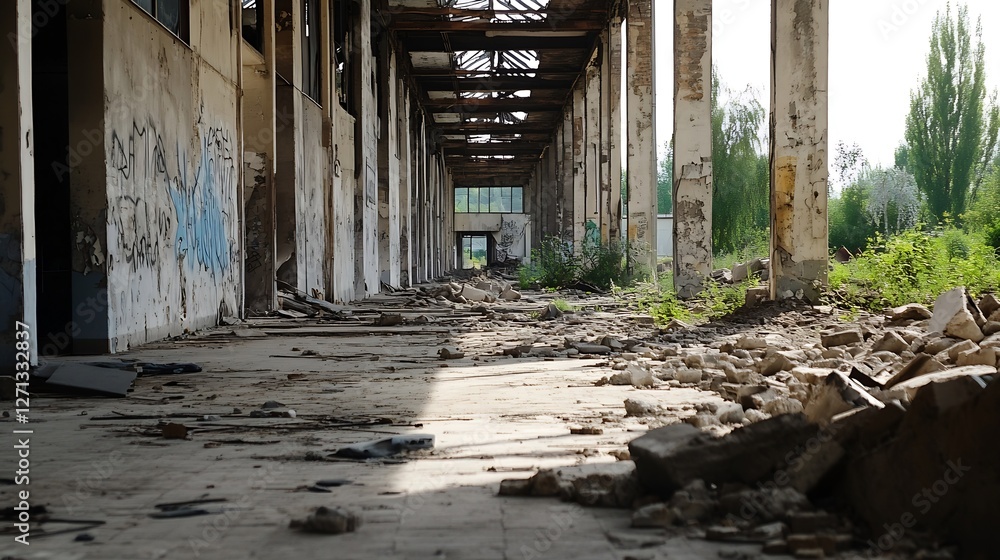 Aufkleber abandoned industrial corridor with crumbling walls and overgrown vegetation in a deserted building :