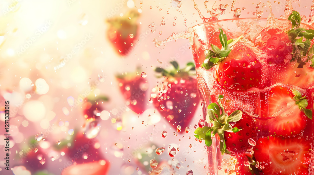 Poster refreshing strawberry drink with splashes, surrounded by floating strawberries in a vibrant setting