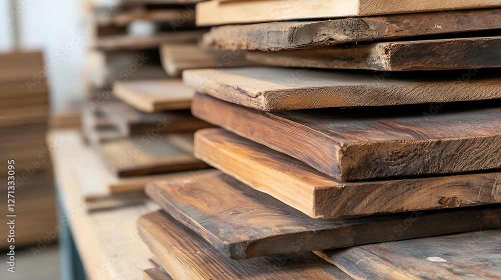 Aufkleber Stack of unfinished wooden boards displaying natural textures and grain patterns in a workshop : Generative AI