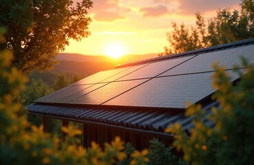 Photovoltaic solar panels on house roof generate sustainable energy against sunset. Clean energy tech innovation. Eco power electricity. Green energy transition, renewable energy source. Reduce