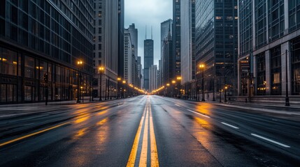 Obraz premium Empty Street in a Modern City with Skyscrapers