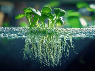 Aquatic plants grow peacefully with visible roots and bubbles underwater in a serene setting