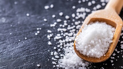 Close up of coarse sea salt on a wooden spoon with scattered crystals on black background : Generative AI
