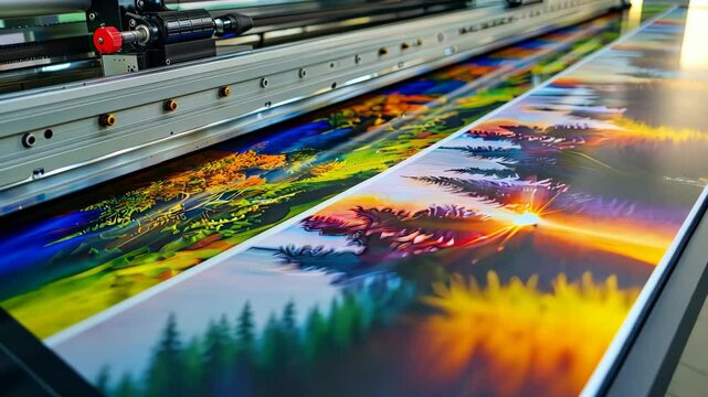 Bright, colorful nature prints are being processed in a printing workshop showcasing detailed textures and stunning hues