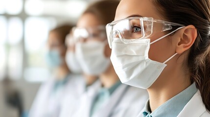 Healthcare professionals wearing masks and safety glasses in a clinical setting showcasing diligence and care : Generative AI