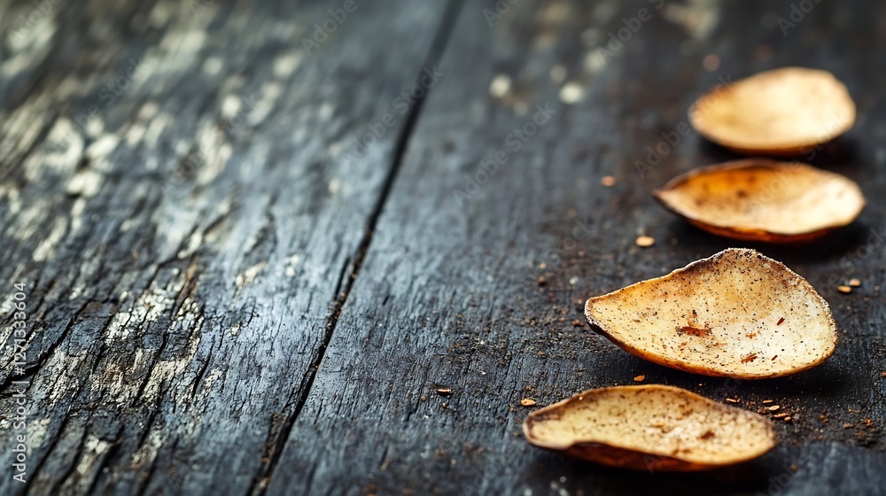 Aufkleber four dried seeds arranged on a rustic wooden surface with a dark background and detailed textures : 