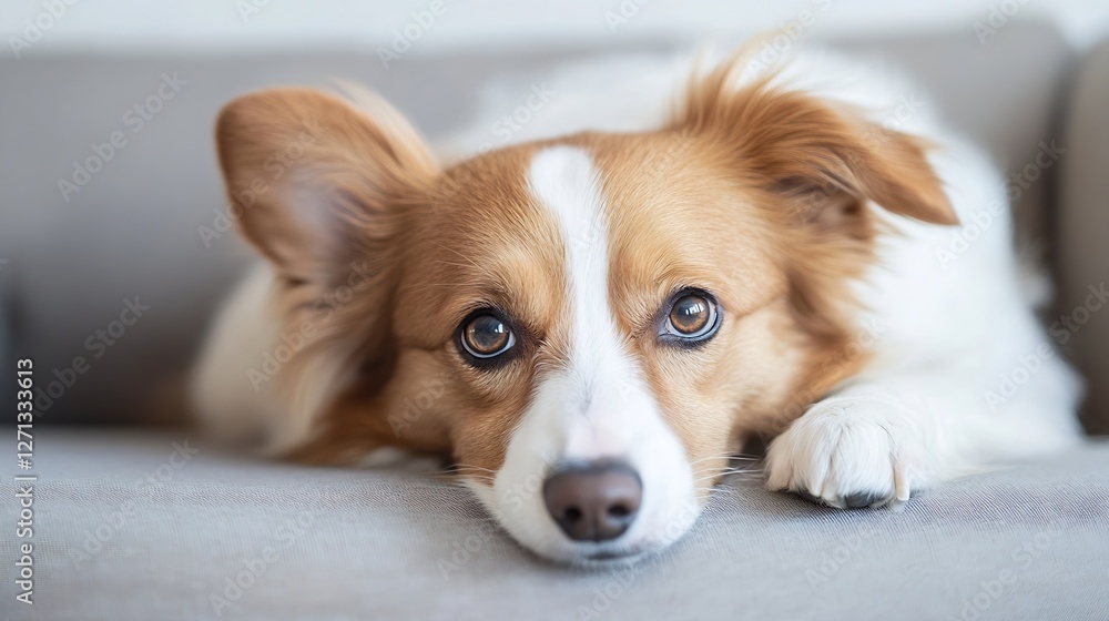 Poster closeup portrait of a relaxed and playful dog lying comfortably on a couch looking curiously at the 