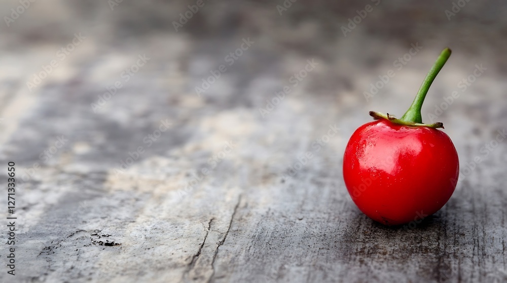 Poster solitary vibrant red cherry sitting on rustic wooden surface with a soft focus background : generati