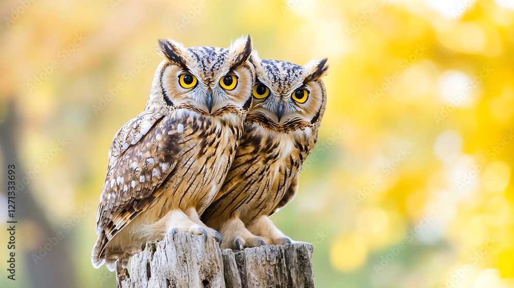 Poster beautiful pair of owls perched on log with soft focus background highlighting their stunning eyes : 