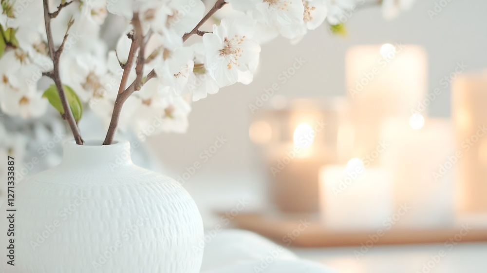 Poster delicate white flower in a vase accompanied by glowing candles creating a serene and calming atmosph