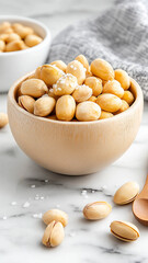 Fresh pistachios in wooden bowl with sea salt