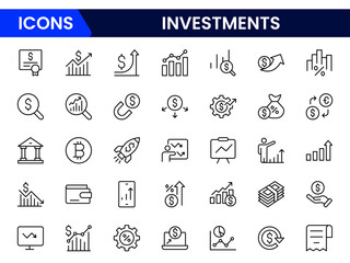 Investment, investor, risk management, economy, financial gain, money, coins symbols. Outline icon collection. Vector illustration
