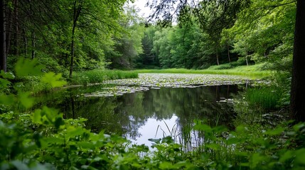 Peaceful forest scene with a calm pond surrounded by lush trees and greenery reflecting the beauty of nature in a serene wilderness space : Generative AI