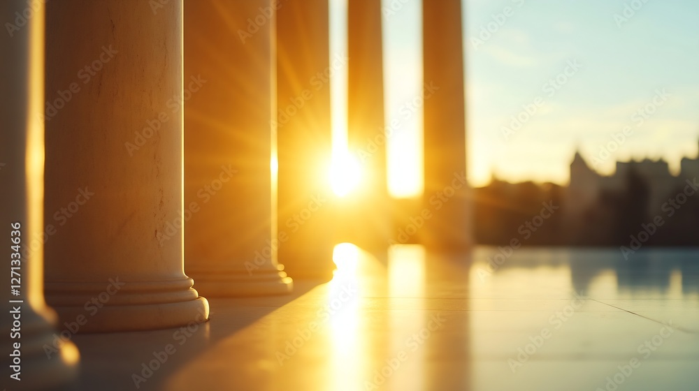 Poster stunning sunset shining through tall columns creating a majestic architectural view : generative ai