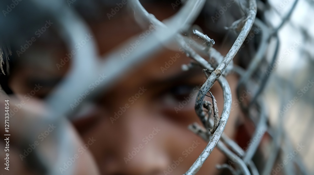 Poster intense closeup of a child's eye peering through a distressed fence conveying emotions of confinemen