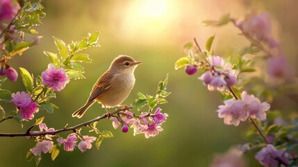 Serene Dawn: A Bird Amongst Blossoms