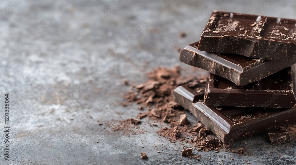 Aufkleber Stack of dark chocolate bars on a textured gray surface with cocoa crumbs creating a rich and inviting dessert atmosphere : Generative AI