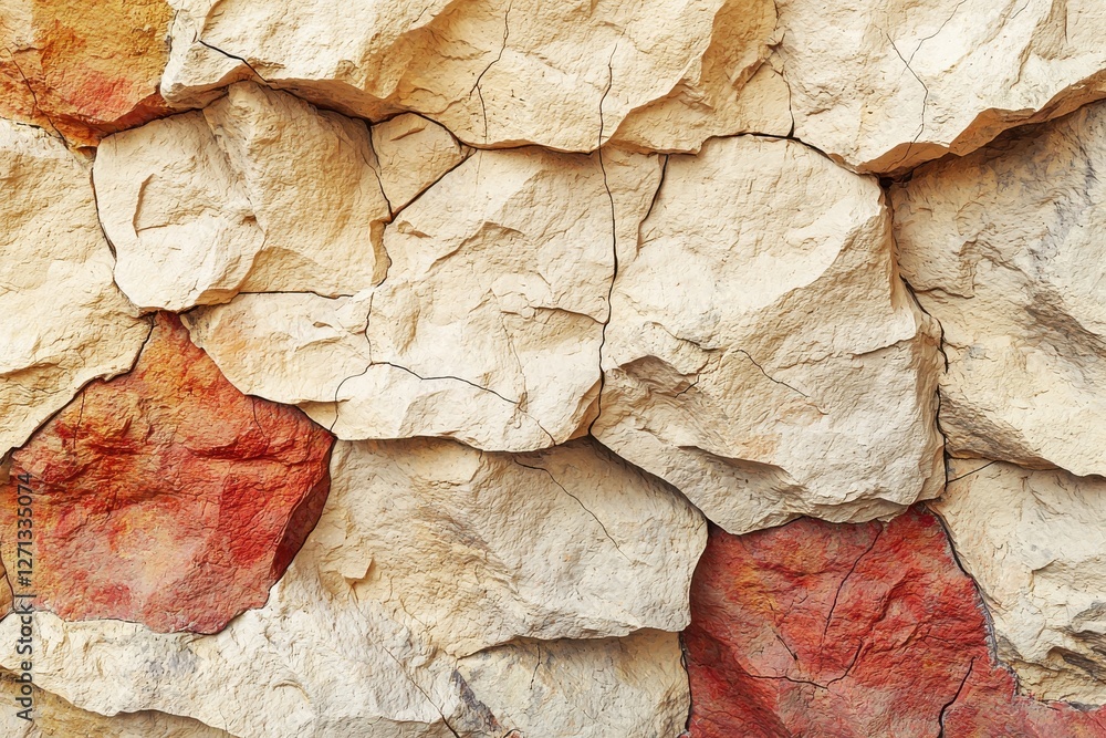 Poster close-up of a stone wall with irregular blocks of beige and red hues, showcasing rough textures and 