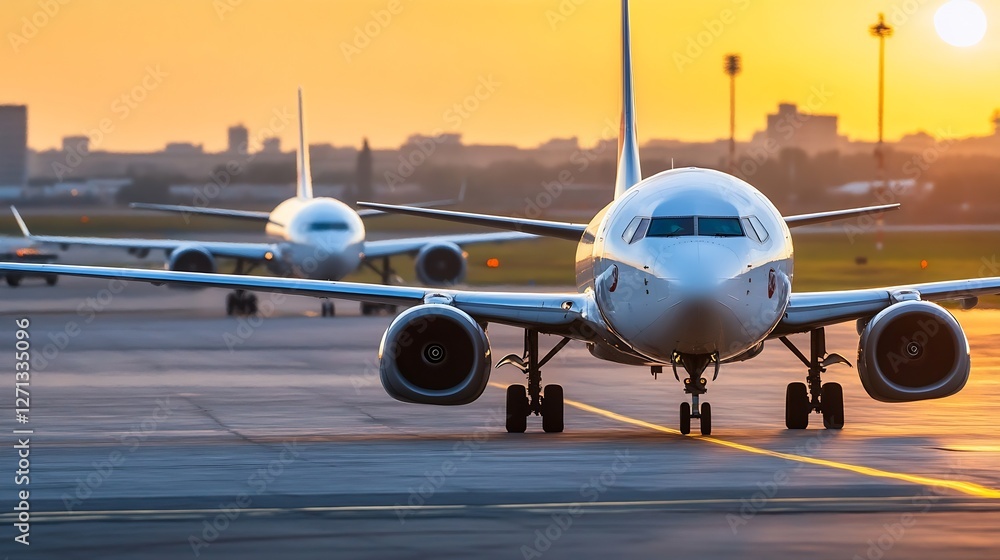 Poster Modern aircraft taxiing on a runway at sunset creating a striking silhouette and shadows : Generative AI