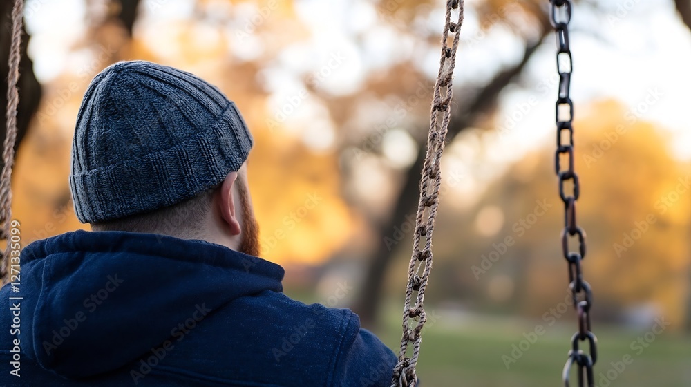 Aufkleber man with beanie sitting on a swing in vibrant autumn park : generative ai