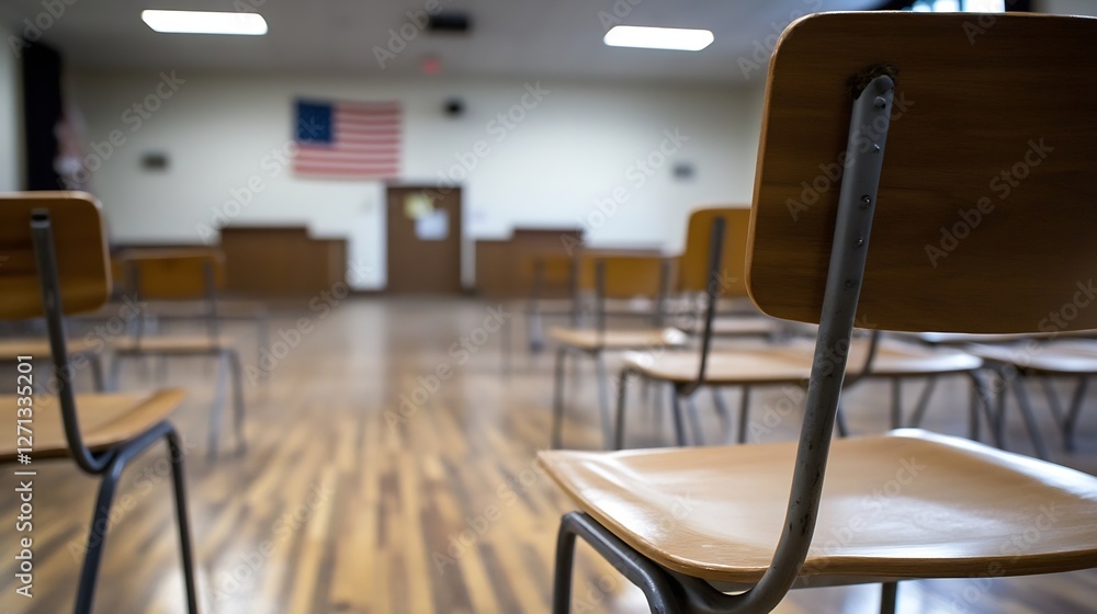 Poster interior view of empty classroom with wooden desks and american flag in the background : generative 
