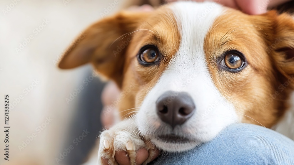 Poster closeup of a cute and expressive dog resting its head on a person's lap with warm eyes : generative 