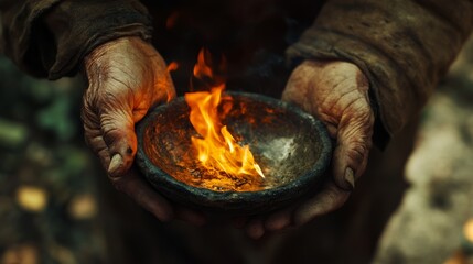 Rugged hands present a burning dish, where the radiance of the fire seems to tell a tale of survival, warmth, and elemental ritual.