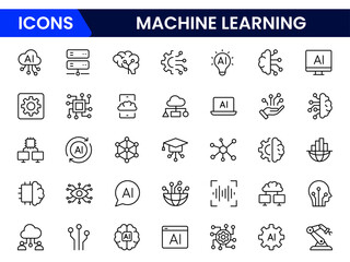 Artificial intelligence set of web icons inline style. AI technology icons for web and mobile apps. Machine learning, digital AI technology, algorithm, smart robotics, cloud computing network