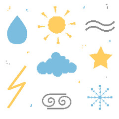 Set of weather forecast icons in pixel art style. Sun, cloud, rain and more. 8-bit picture. Vector