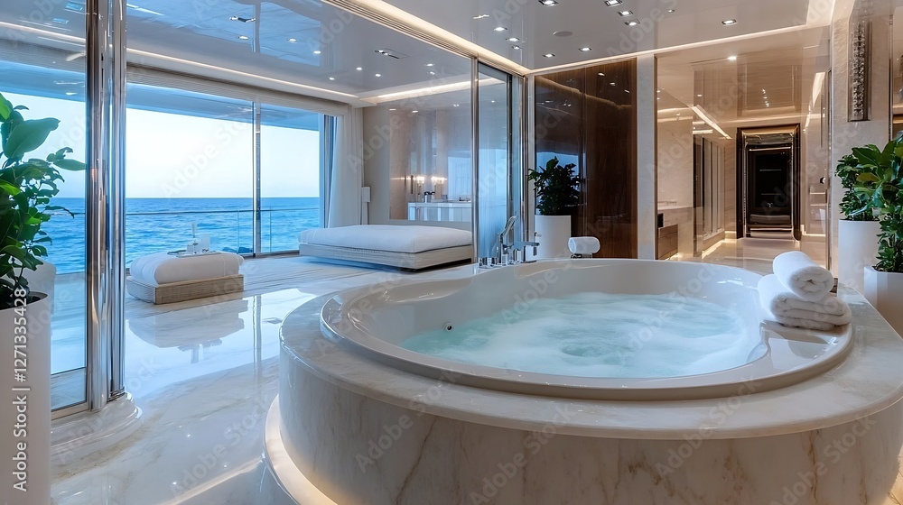Poster luxurious modern bathroom with a whirlpool jacuzzi overlooking a serene ocean view through large gla
