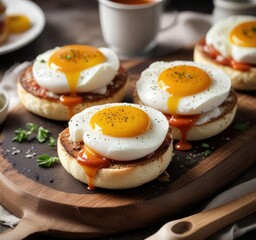 Freshly poached eggs placed atop toasted English muffins with an overabundance of luscious hollandeise sauce, poached eggs, egg toppings, culinary delight