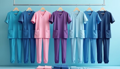 Medical scrubs uniform set on hangers. Collection of healthcare apparel for hospital workers doctors, nurses, surgeons in blue, pink, purple colors. Comfortable, sterile clothing for clinic,